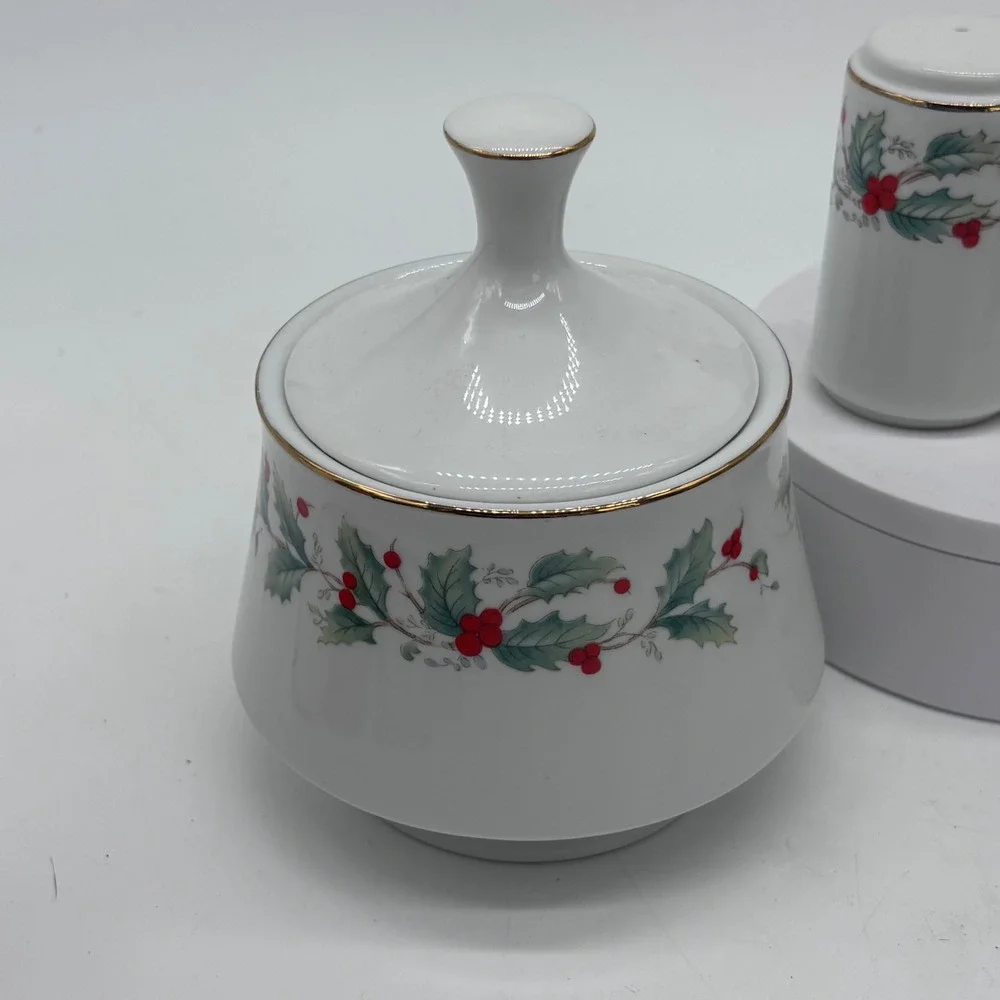 China Pearl Holly Berry Christmas Creamer Sugar Salt Pepper Set White Holiday